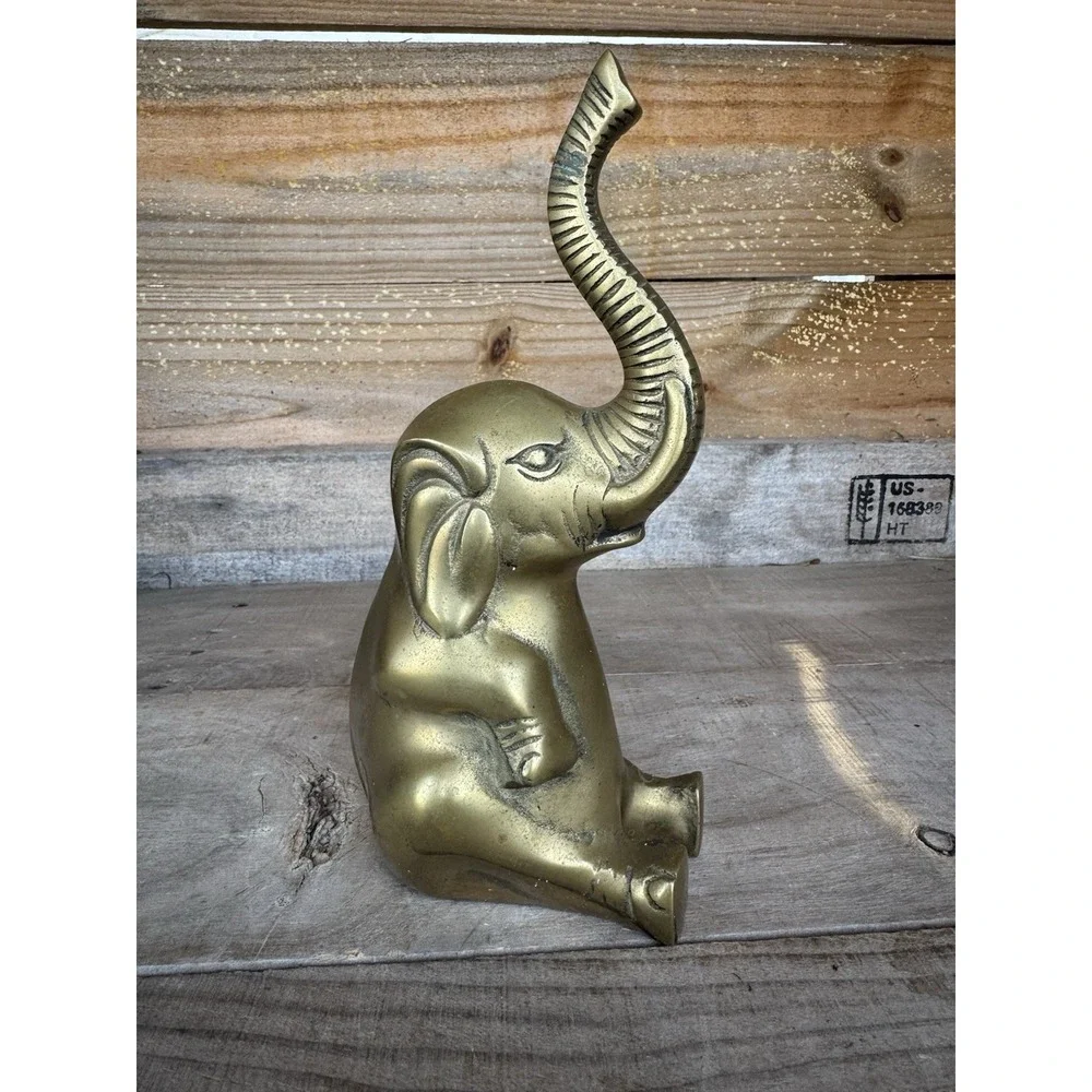 Vintage Solid Brass Elefant Hollywood Regency‎ Ornate Statue Lucky Trunk Up